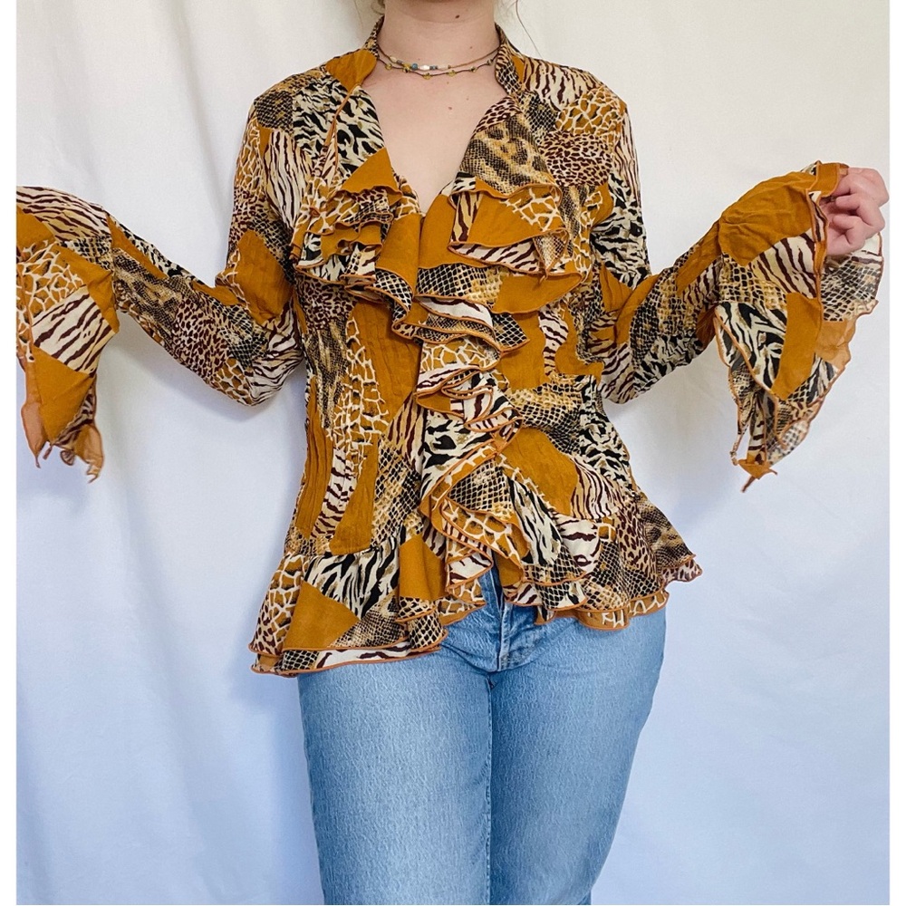 Kaelyn Max | 90s Orange Animal Print Frilly Ruffle Long-Sleeve Blouse - Picture 2 of 7